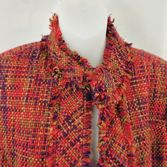 Coldwater Creek Woven Blazer Petite Medium Fringe Pink Purple Green Open Front - Picture 4 of 7